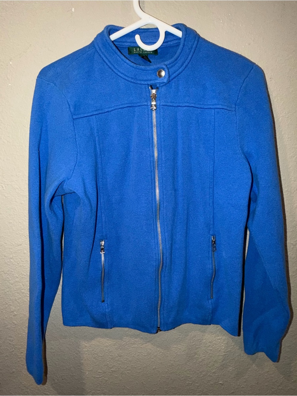 Lauren Ralph Lauren Blue Cotton Full-Zip Mock Neck Knit Jacket Size Large